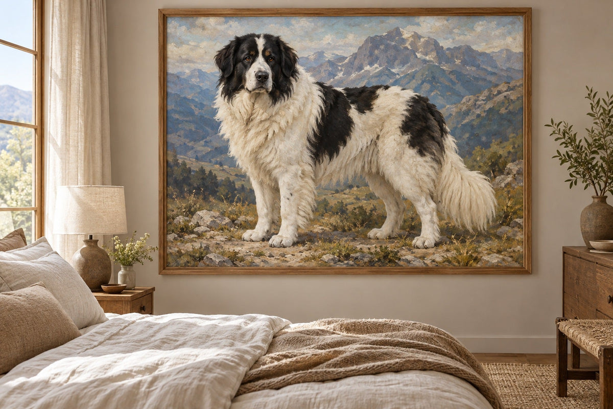 Tornjak (Bosnisch-herzegowinisch-kroatischer Schäferhund) als Wandbild im Stil Ölgemälde, Raum: sandfarbenes Schlafzimmer