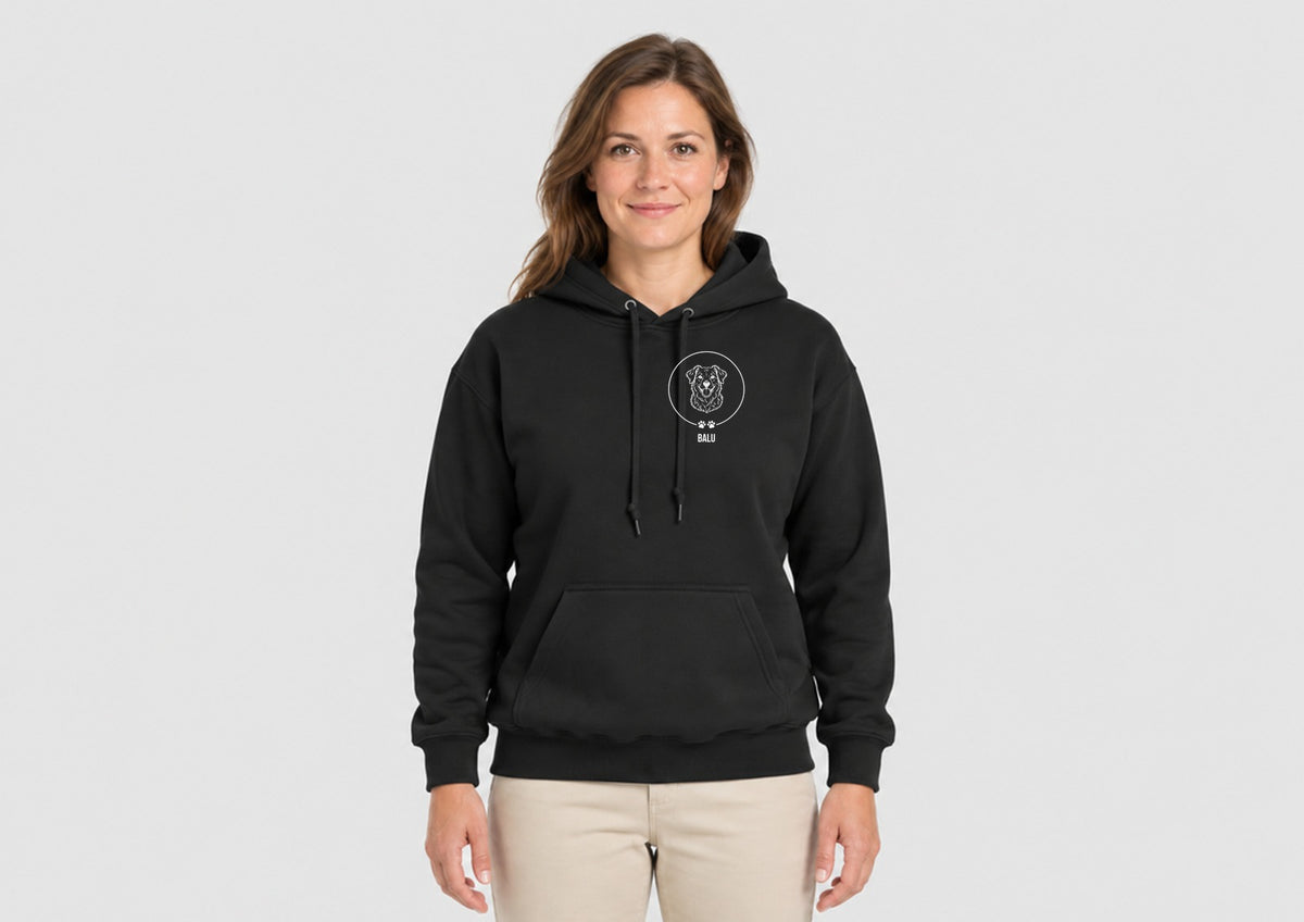 Tierportrait als Brustmotiv mit Namen, Hoodie dunkel
