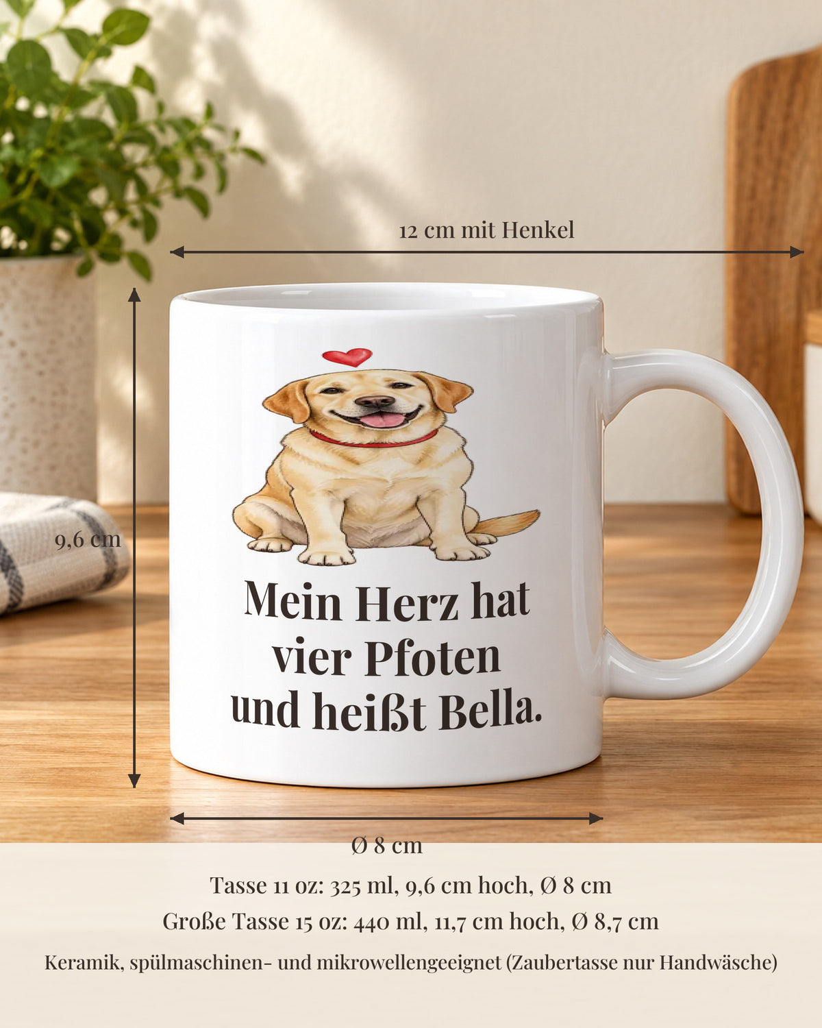 Hundetasse 11 oz mit Maßen: 9,6 cm hoch, 8 cm Durchmesser
