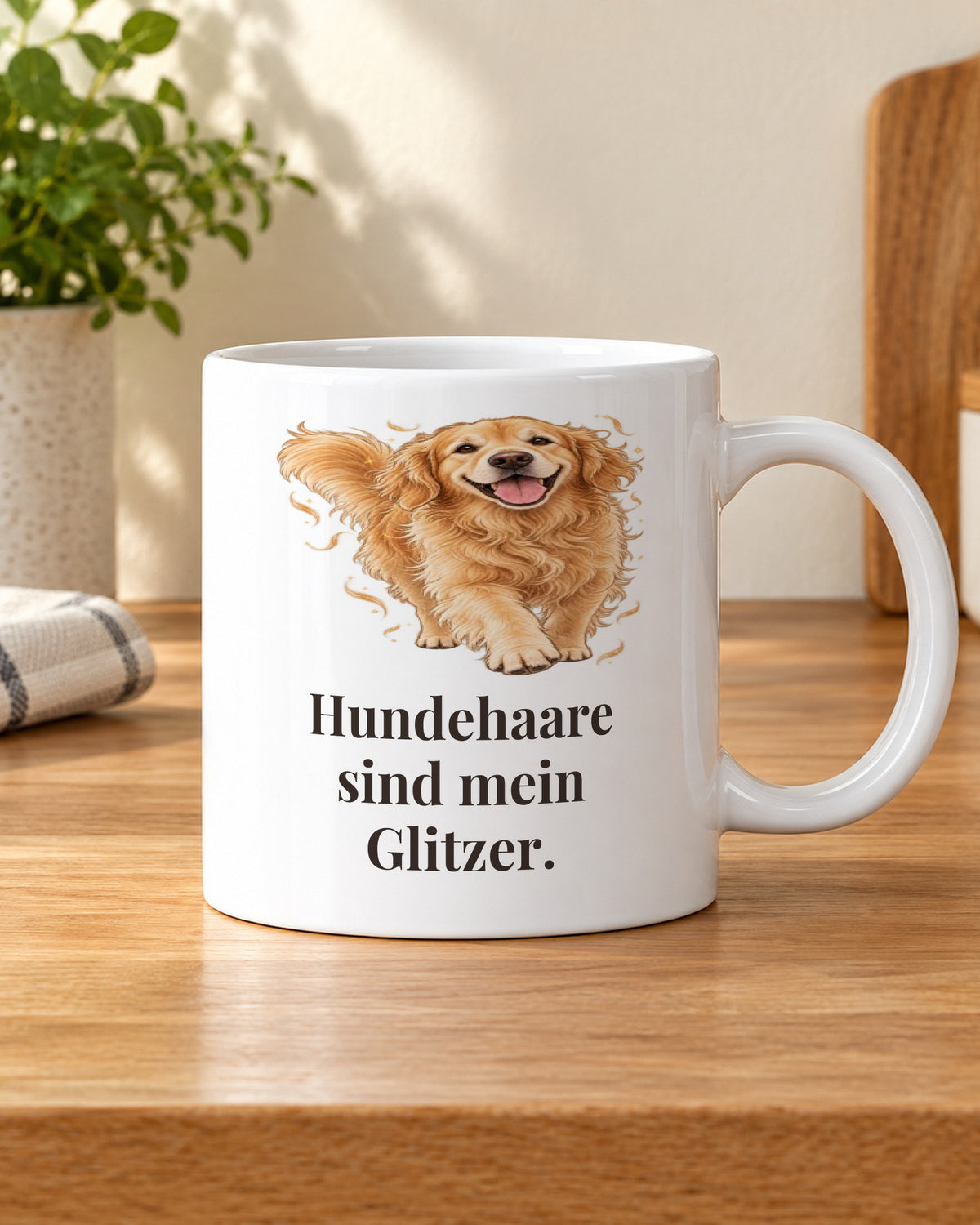 Hundetasse „Hundehaare sind mein Glitzer.“ in der Küche