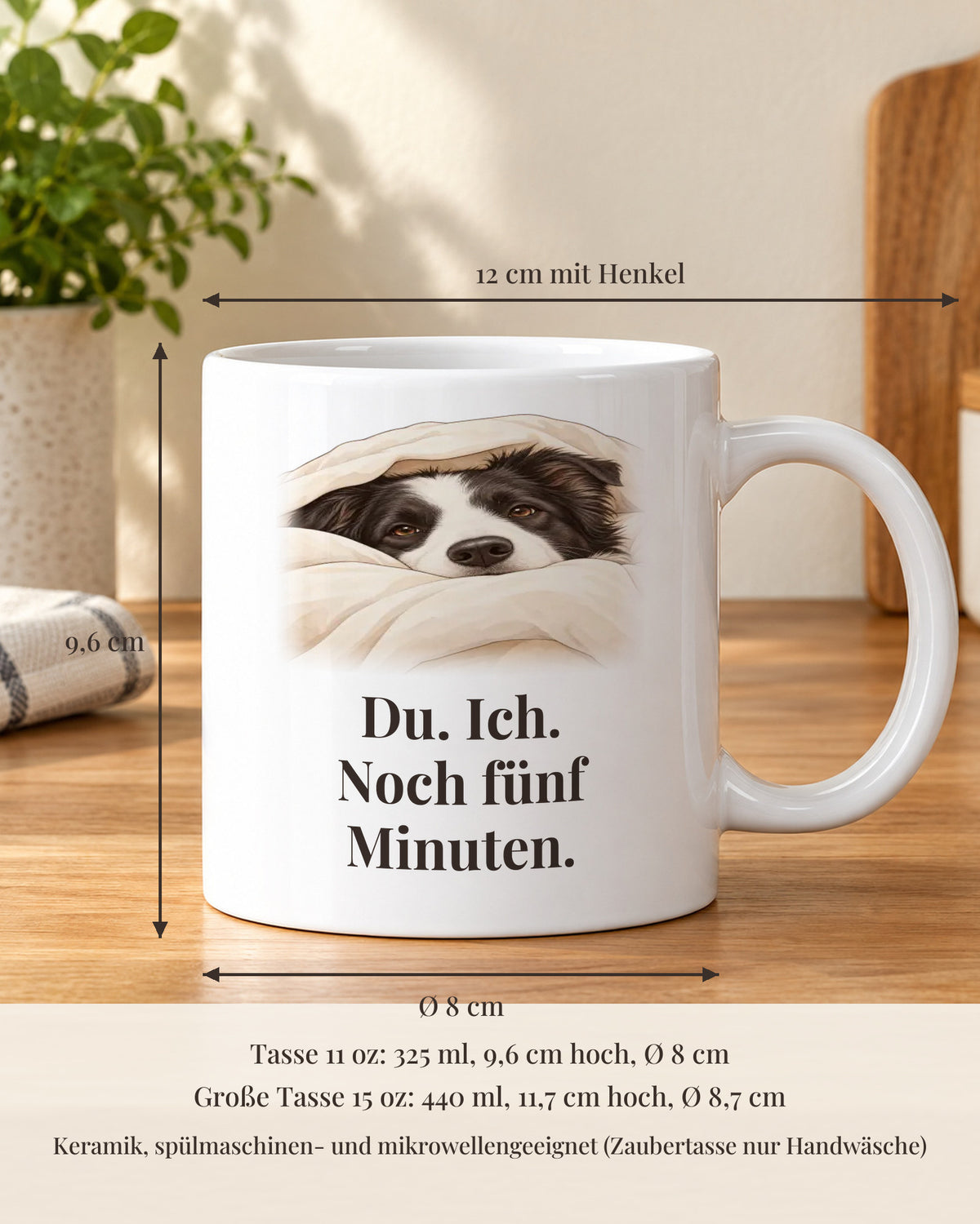 Hundetasse 11 oz mit Maßen: 9,6 cm hoch, 8 cm Durchmesser