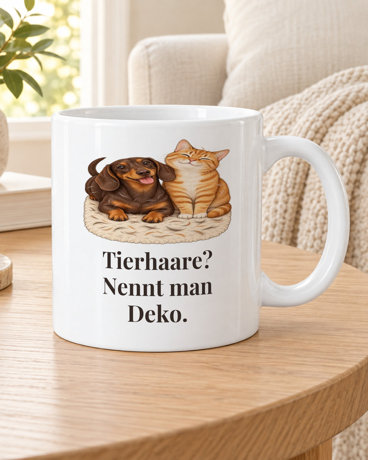 Tasse „Tierhaare? Nennt man Deko.“ auf dem Beistelltisch am Sofa