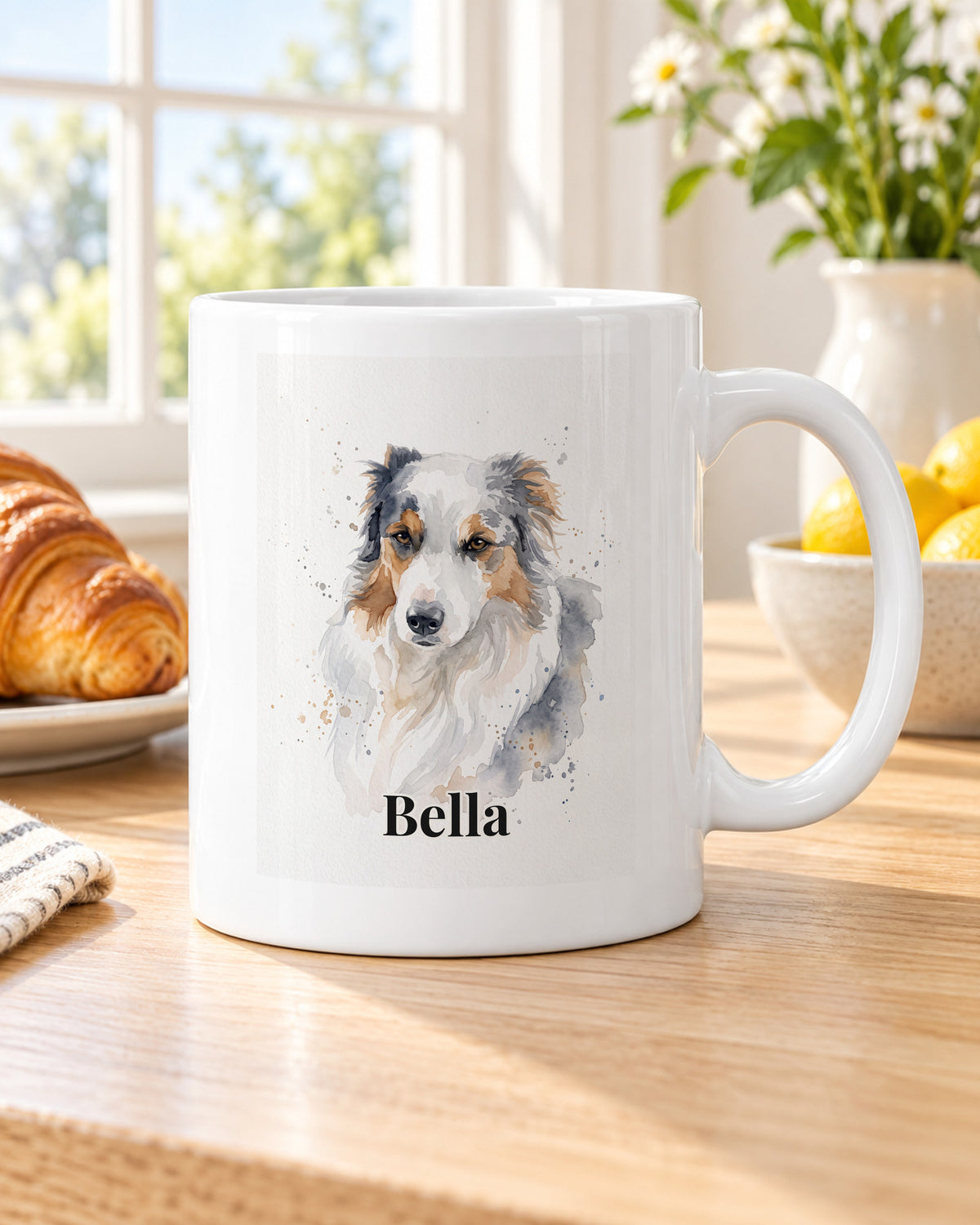 Hundetasse mit Foto im Aquarell-Stil mit Namen Bella am Frühstückstisch