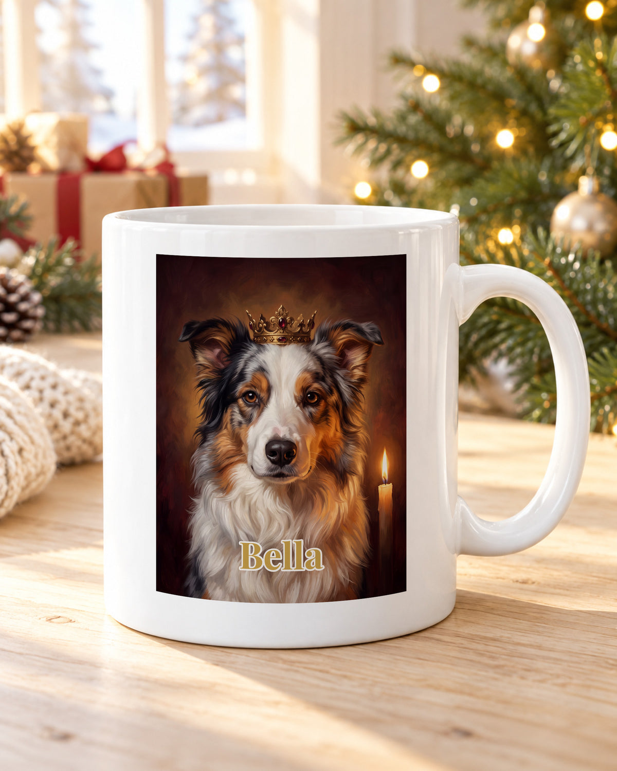 Hundetasse mit Foto im Royal-Stil mit Namen Bella am Weihnachtsmorgen