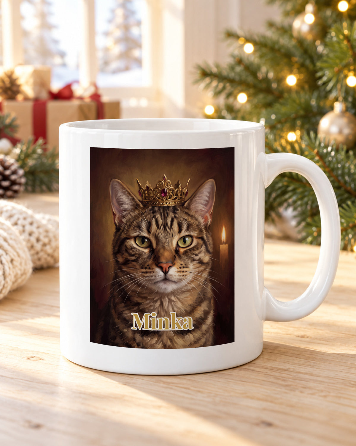 Katzentasse mit Foto im Royal-Stil mit Namen Minka am Weihnachtsmorgen