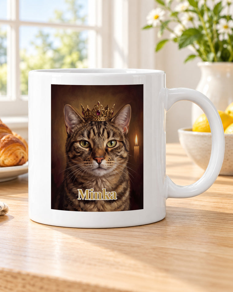 Katzentasse mit Foto im Royal-Stil mit Namen Minka am Frühstückstisch