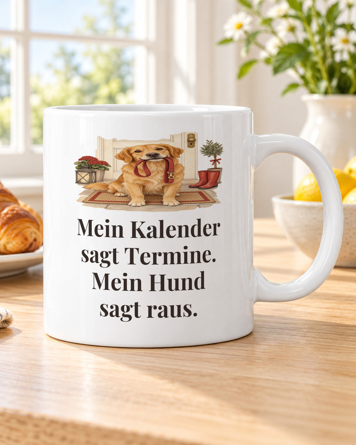 Hundetasse „Mein Kalender sagt Termine. Mein Hund sagt raus.“ am Frühstückstisch