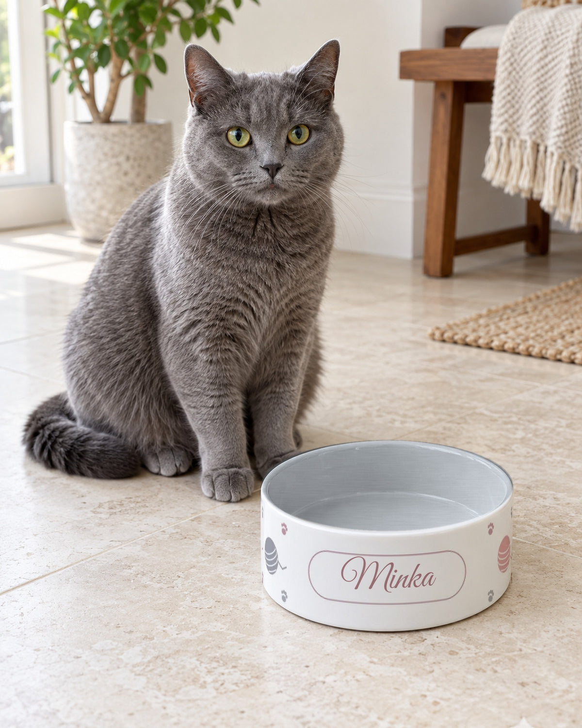 Futternapf für Katzen mit Wollknäueln in Rosé und dem Namen Minka, graue Katze daneben