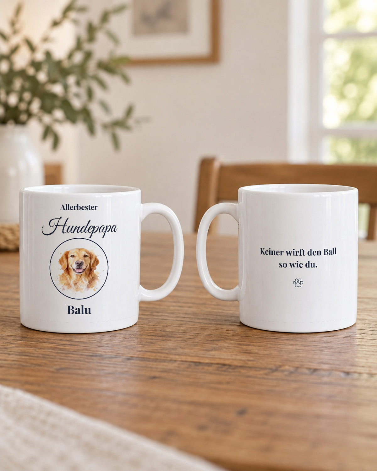 Vorder- und Rückseite der Tasse, hinten der Satz „Keiner wirft den Ball so wie du.“