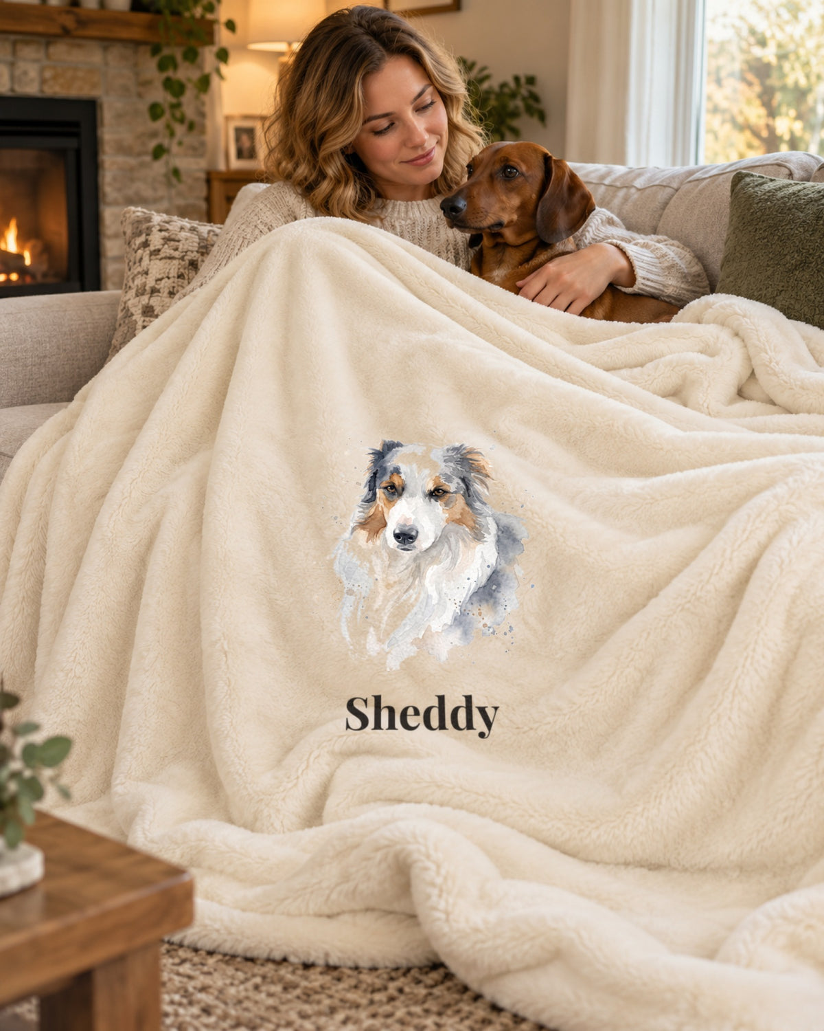 Kuscheldecke mit Hundeportrait und Namen, Frau mit Dackel auf dem Sofa