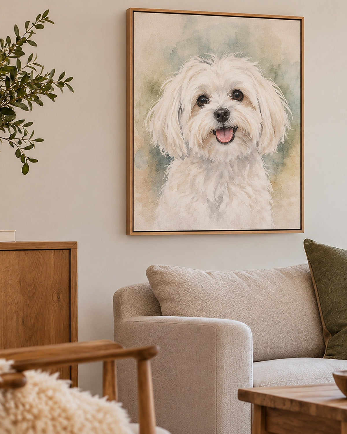 Hundeportrait auf Leinwand mit Rahmen im Wohnzimmer