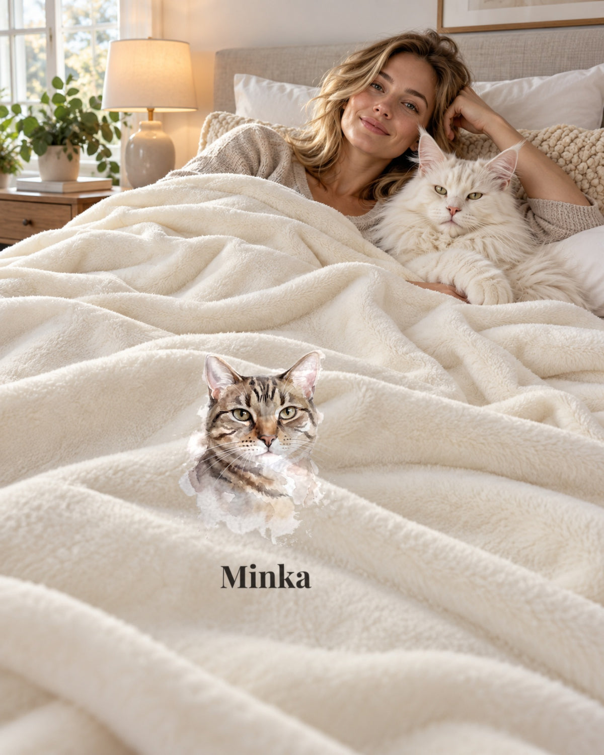 Kuscheldecke mit Katzenportrait und Namen, Frau mit Maine Coon im Bett