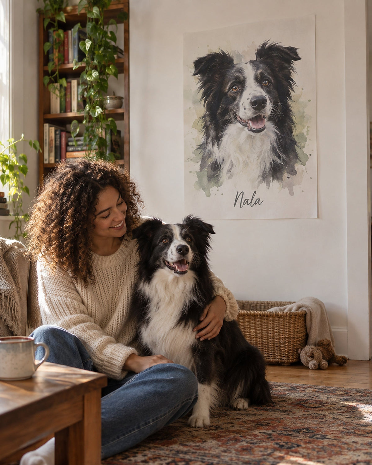 Frau mit Border Collie vor dem Hundeportrait als Poster