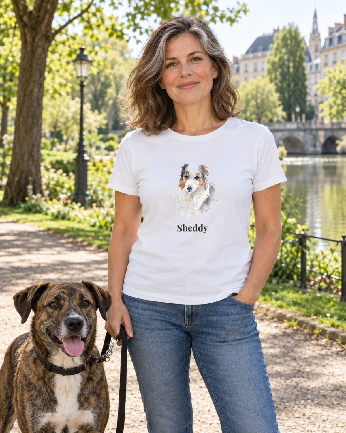 Frau im weißen T-Shirt mit Hundeportrait im Aquarell-Stil und Namen Sheddy, im Park mit gestromtem Mischling