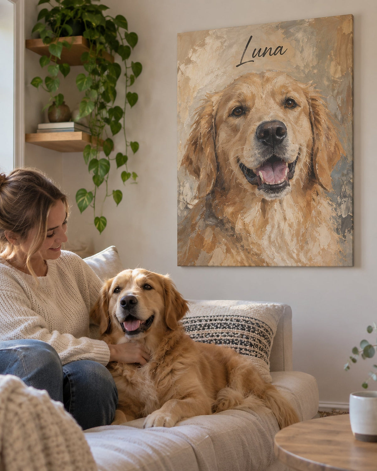 Frau mit Golden Retriever vor dem Hundeportrait auf Leinwand