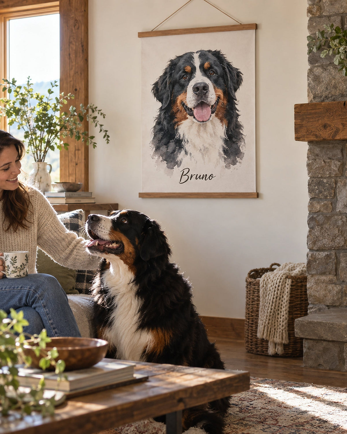 Frau mit Berner Sennenhund vor dem Hundeportrait mit Aufhängung