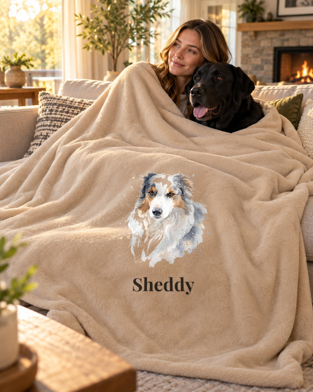 Sherpa-Decke mit Hundeportrait und Namen, Frau mit Labrador auf dem Sofa
