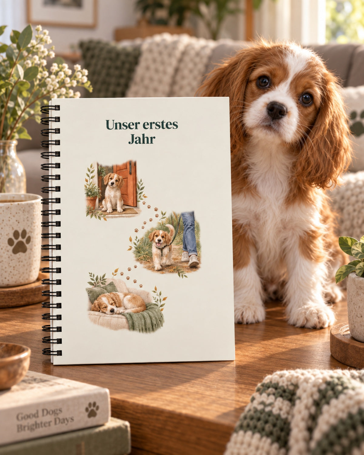 Hunde-Journal „Unser erstes Jahr“ mit Spiralbindung auf dem Wohnzimmertisch, Cavalier-Welpe daneben