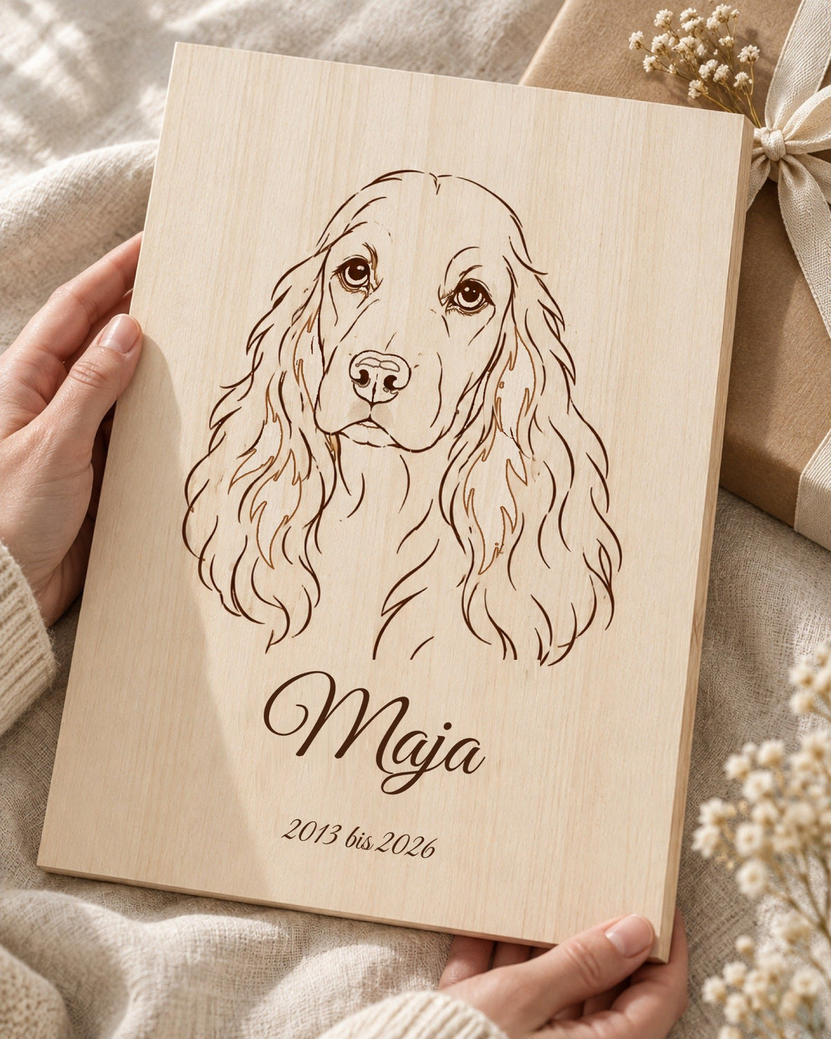 Gedenkbild auf Holz mit Cocker Spaniel Maja im Minimalstil, Namen und Lebensjahren in feiner Schreibschrift