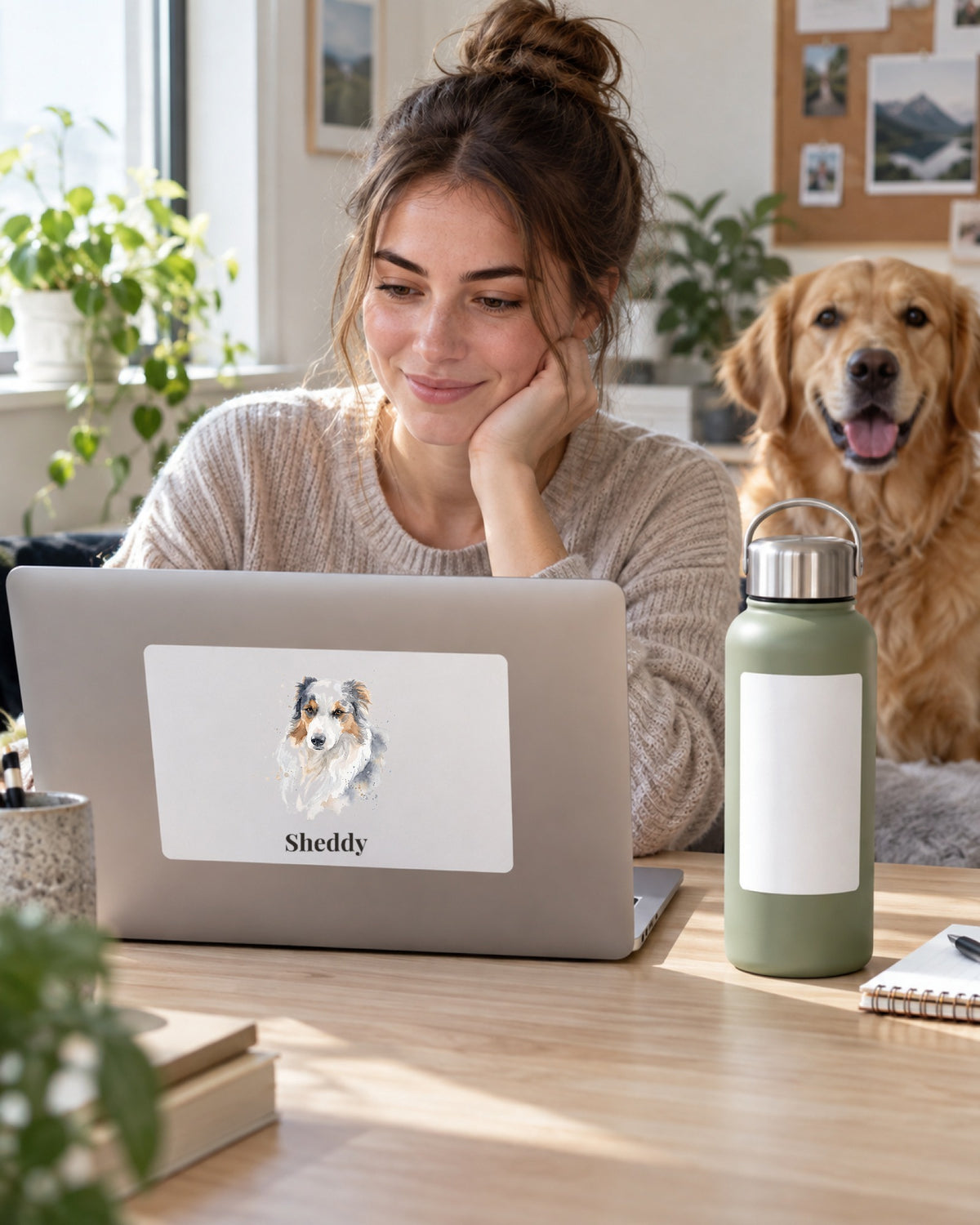 Sticker mit Hundeportrait im Stil Aquarell und dem Namen Sheddy auf einem Laptop, eine Frau arbeitet daran, ein Hund sitzt dahinter