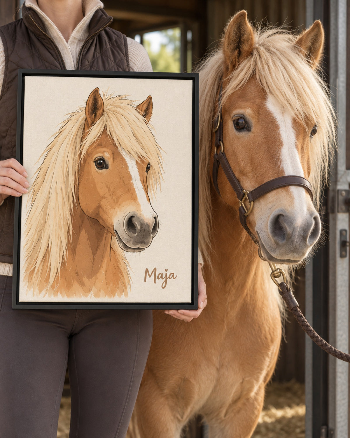 Leinwand mit Rahmen im Cartoonstil, Haflinger steht daneben