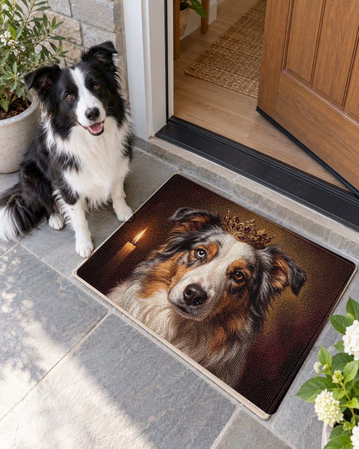 Fußmatte mit Royal-Hundeportrait vor der Haustür, ein Border Collie sitzt daneben