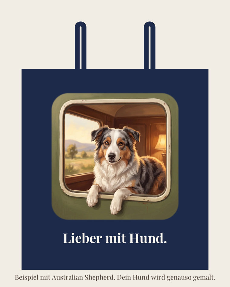 Stofftasche „Lieber mit Hund.“ mit eigenem Hund: Australian Shepherd schaut aus dem Zugfenster