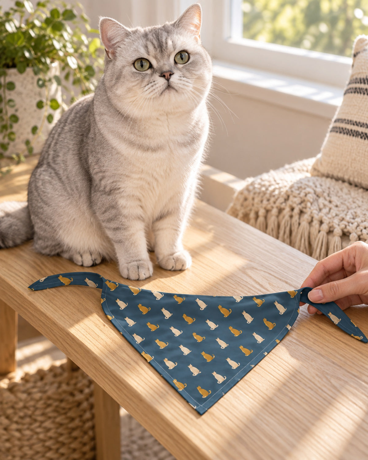 Halstuch mit Katzenmotiv in Rauchblau auf dem Tisch, Britisch Kurzhaar daneben