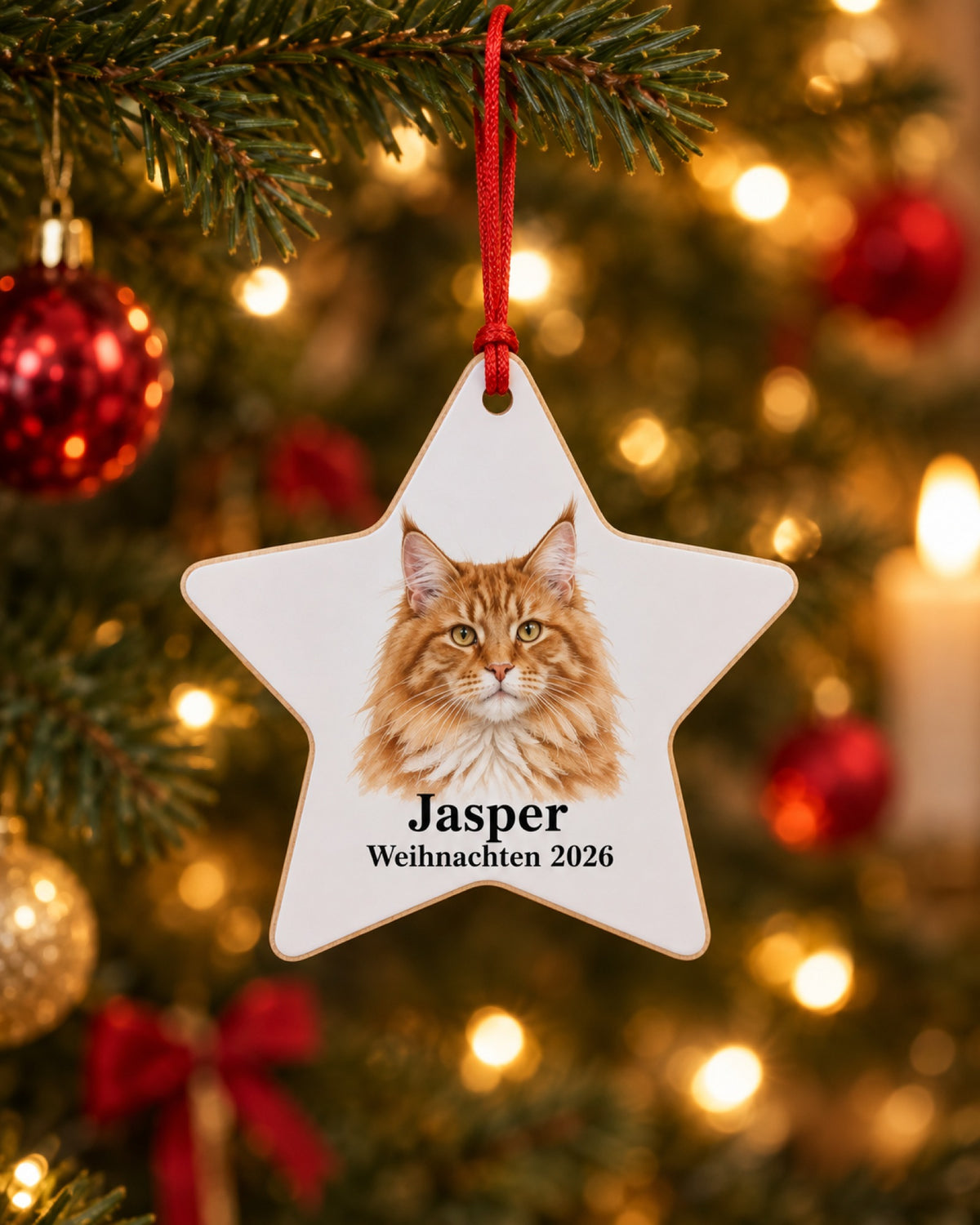 Holzanhänger als Stern mit Maine Coon, Namen Jasper und Weihnachten 2026 am Baum