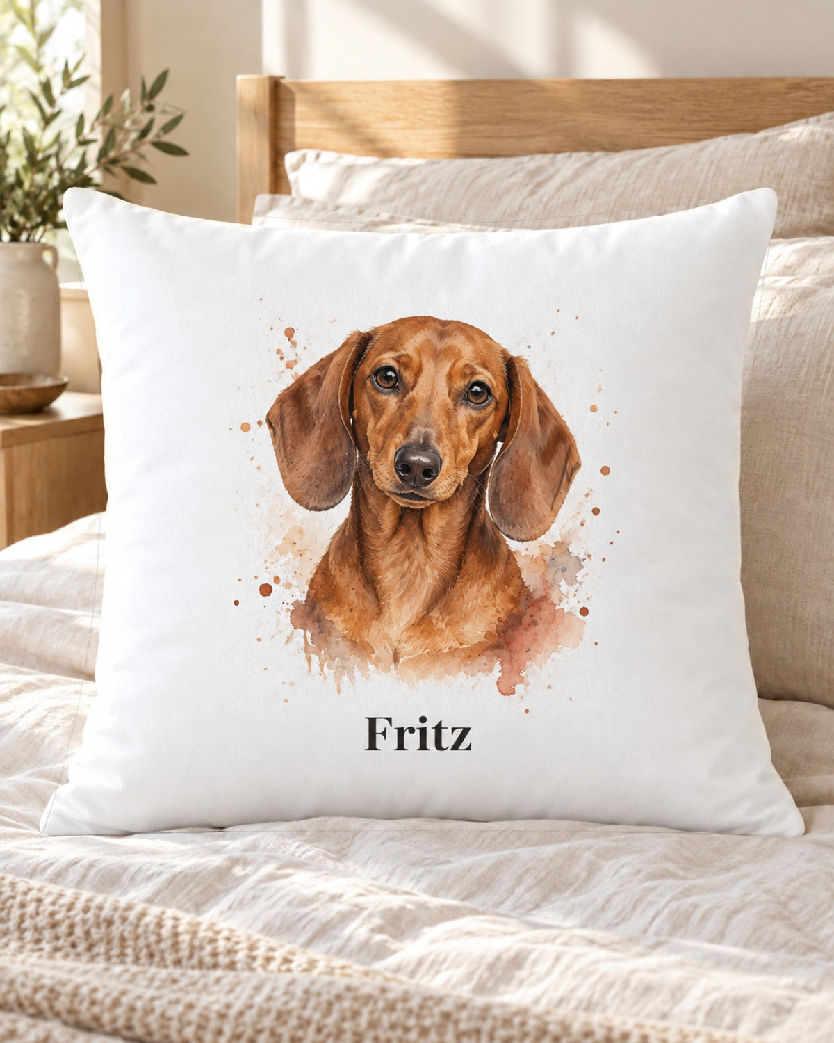 Kissenbezug mit Dackel im Aquarell-Stil und Namen Fritz, das Kissen liegt auf einem Bett mit heller Bettwäsche