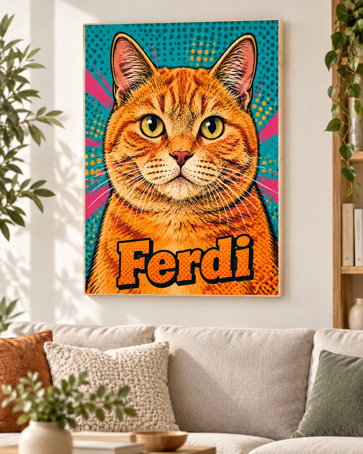 Katzenportrait auf Holz mit sichtbarer Holzkante, rote Tigerkatze im Pop-Art-Stil mit Namen Ferdi über dem Sofa