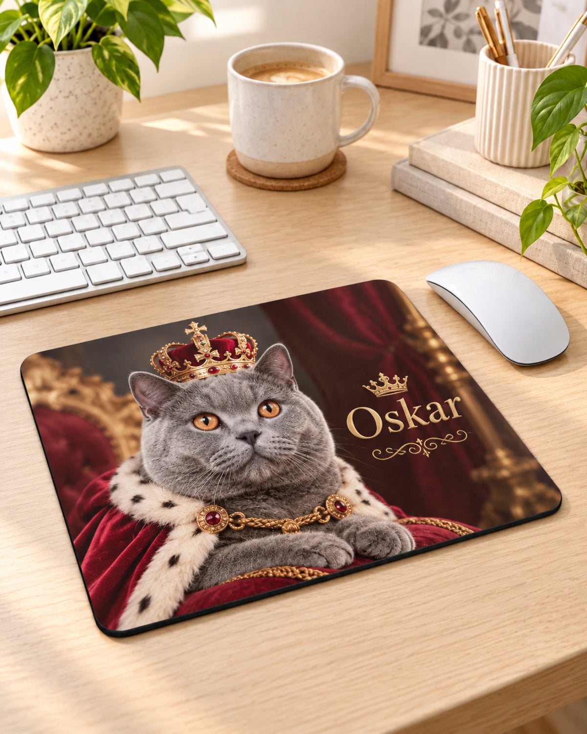 Mauspad mit Britisch Kurzhaar Katze im Royal-Stil mit Krone und Namen Oskar auf dem Schreibtisch neben der Maus