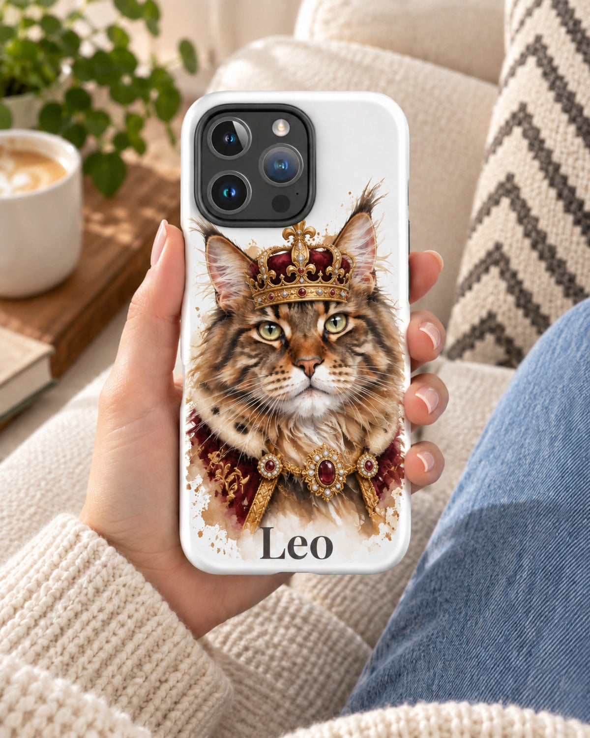 iPhone-Hülle mit Maine Coon im Royal-Stil mit Krone und Namen Leo, eine Hand hält das Handy auf dem Sofa