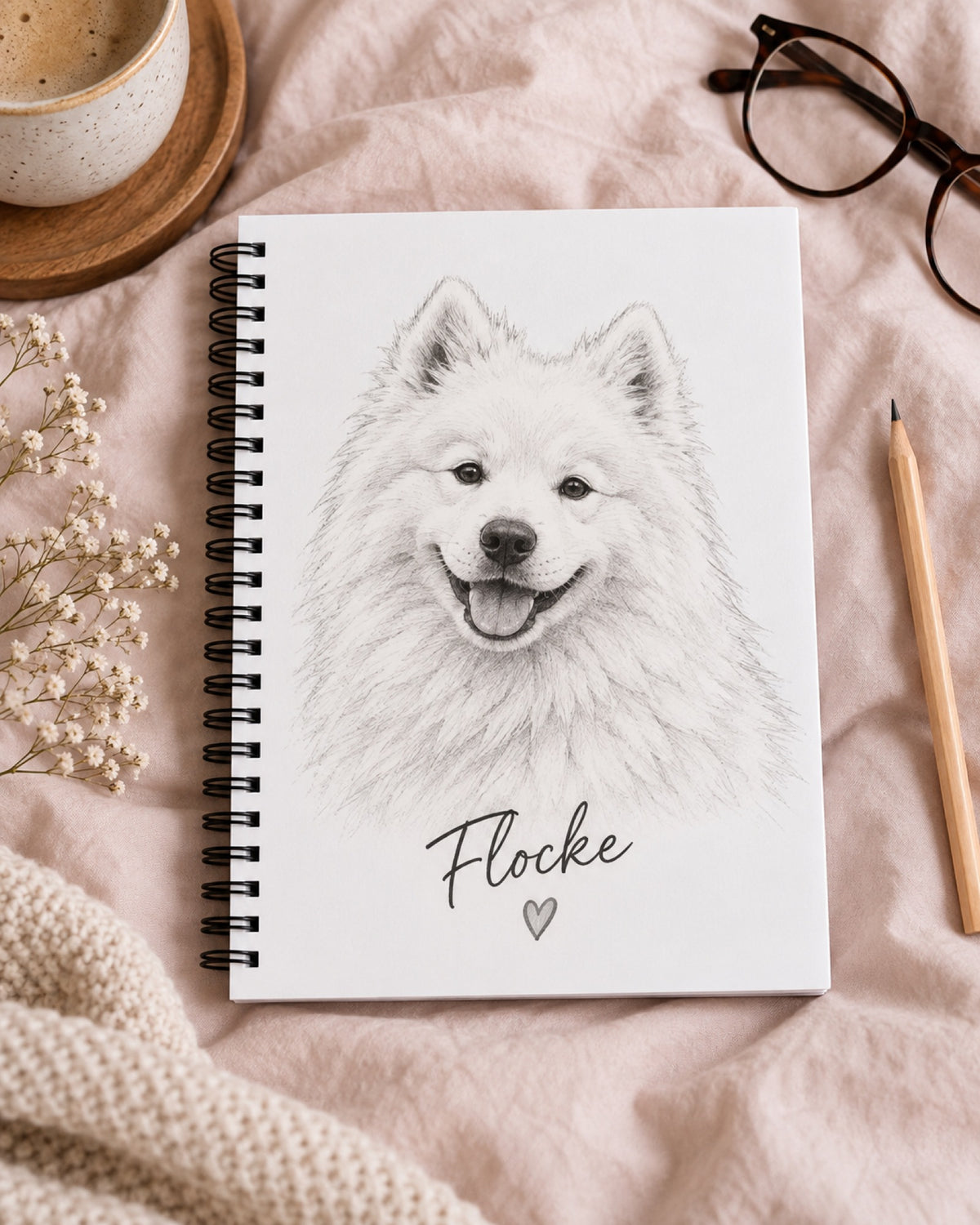 Notizbuch mit Samojeden als Zeichnung und Namen Flocke