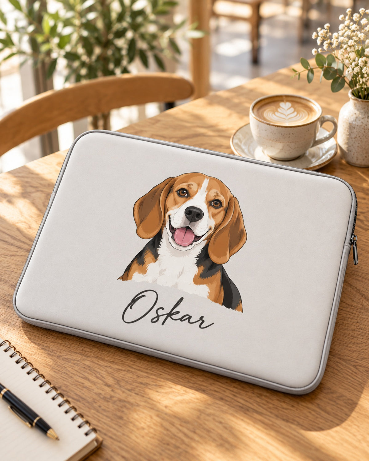 Laptophülle mit Beagle im Cartoon-Stil und dem Namen Oskar auf einem Cafétisch neben Cappuccino und Notizbuch