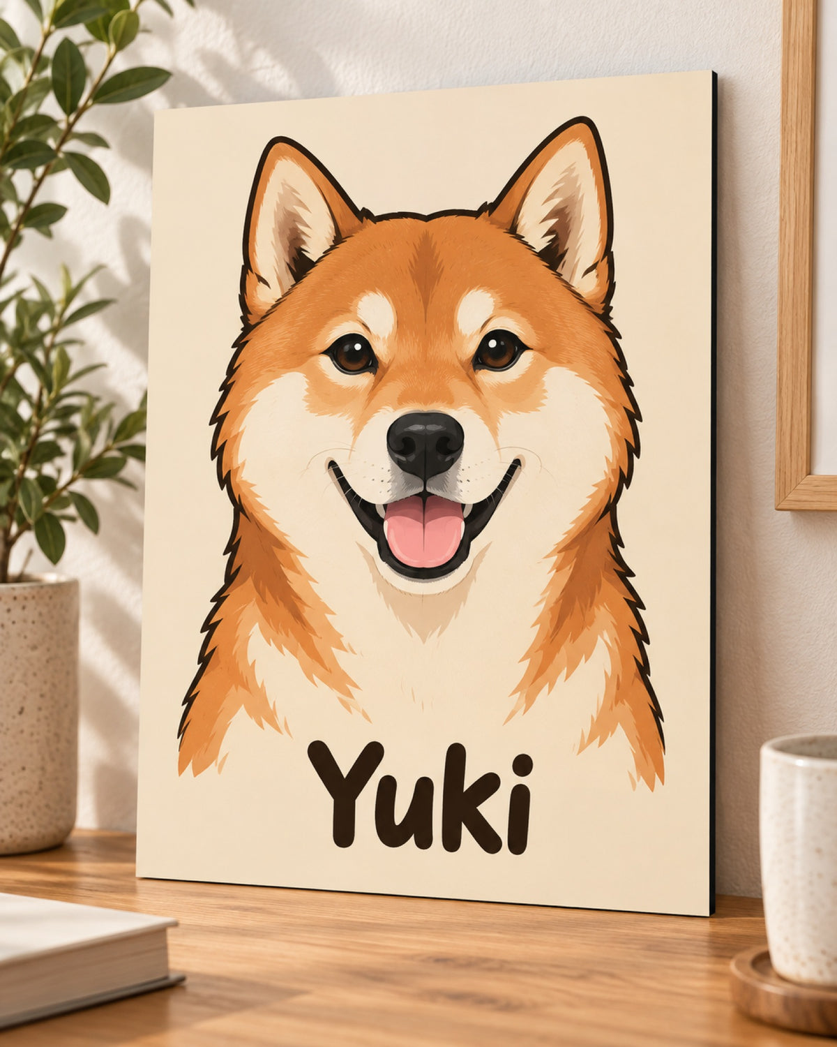 Hundeportrait auf Hartschaumplatte, Shiba Inu im Cartoon-Stil mit Namen Yuki lehnt auf dem Schreibtisch