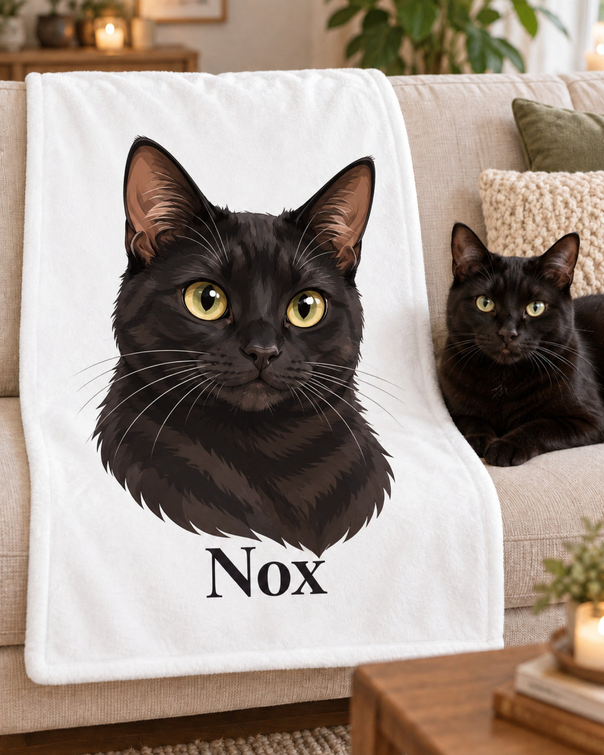 Kuscheldecke mit schwarzer Katze im Cartoon-Stil und Namen Nox, die Katze liegt neben der Decke auf dem Sofa