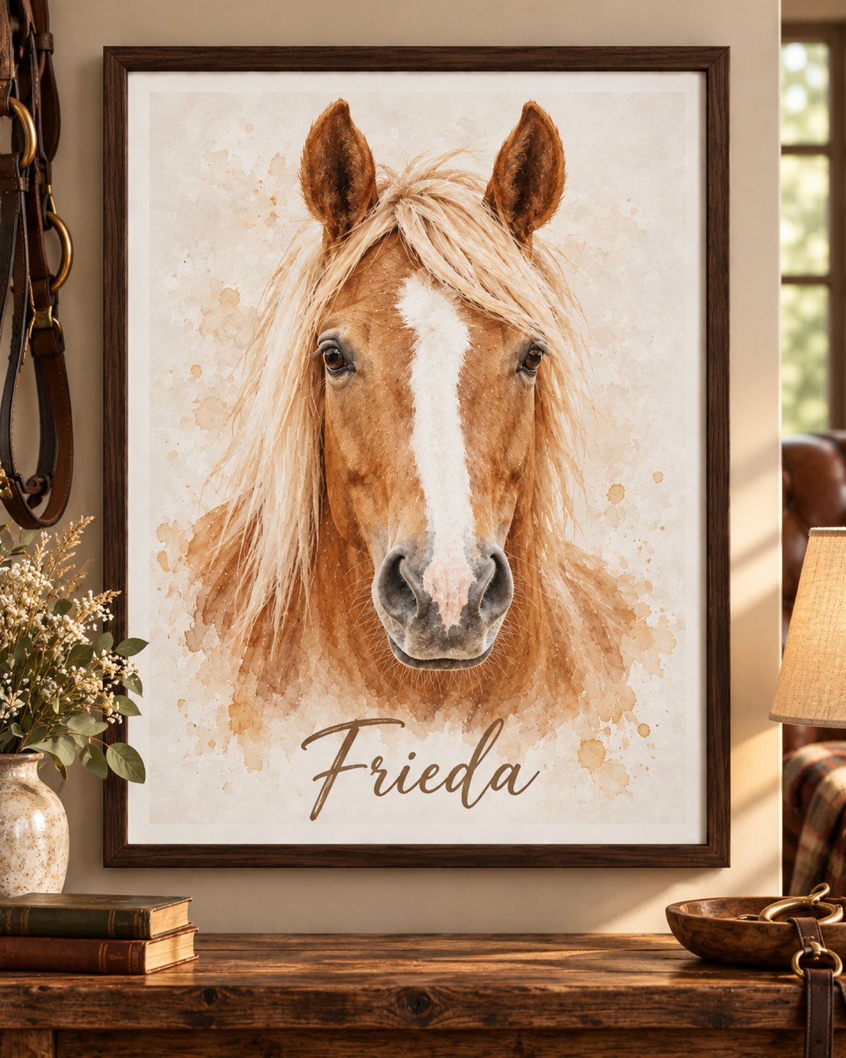 Pferdeportrait als Poster im dunklen Holzrahmen, Haflinger im Aquarell-Stil mit Namen Frieda, auf einer Kommode im Reiterstübchen