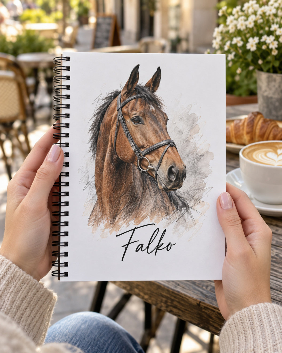 Notizbuch mit braunem Pferd als Aquarell und Namen Falko