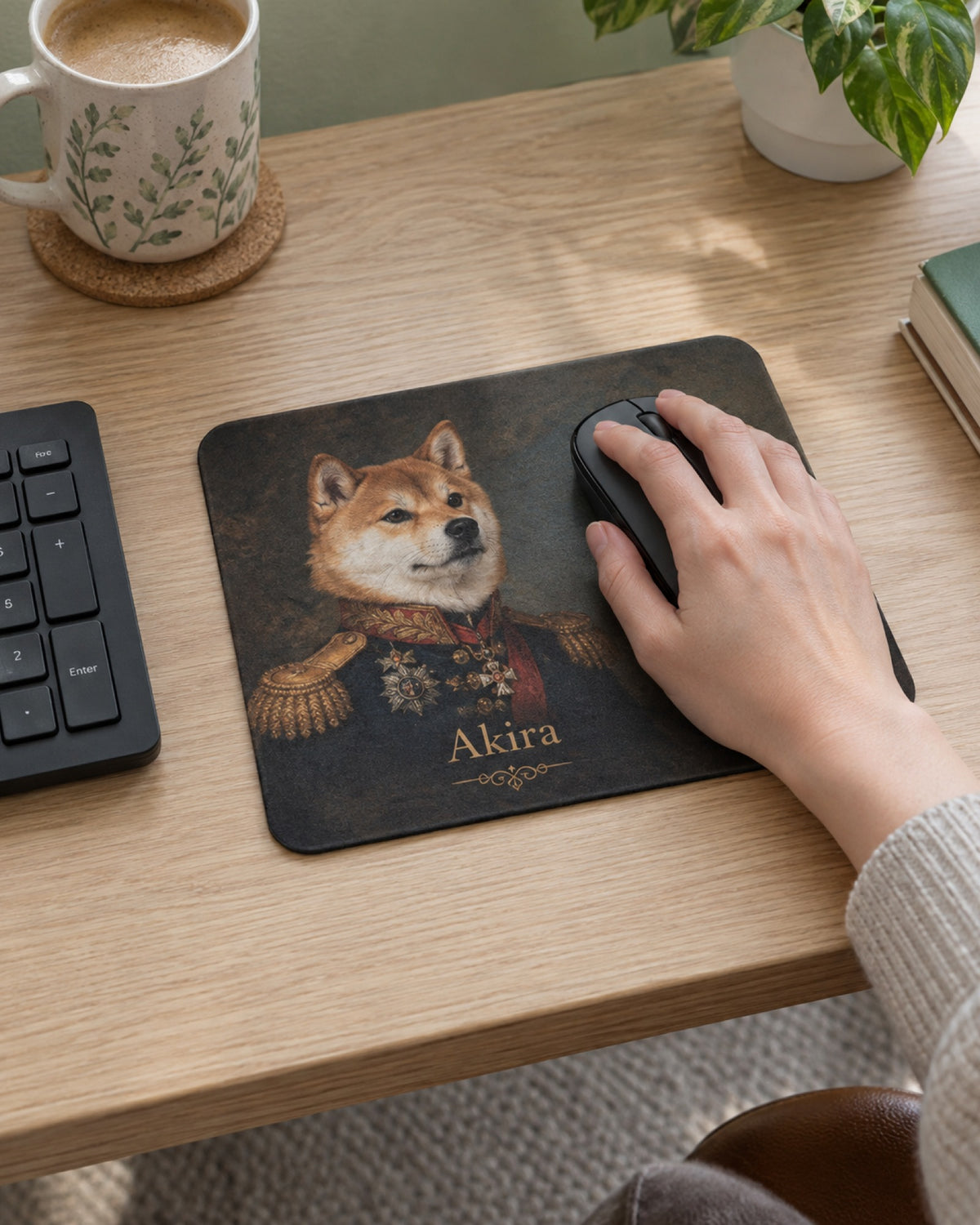 Mauspad 22 x 18 cm mit Shiba Inu im Royal-Stil und Namen Akira, Hand mit Maus darauf