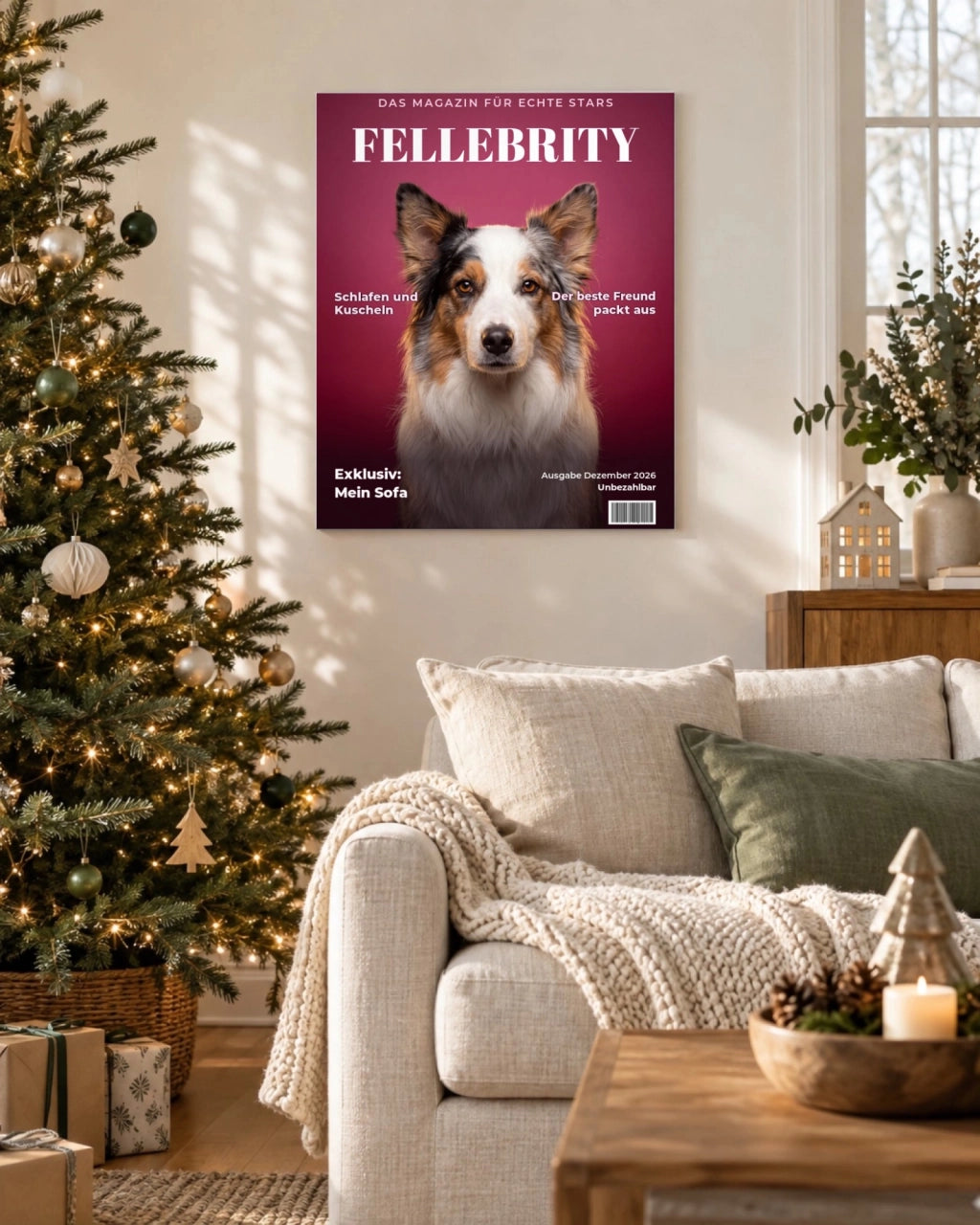 Magazine cover on canvas in a Christmas living room