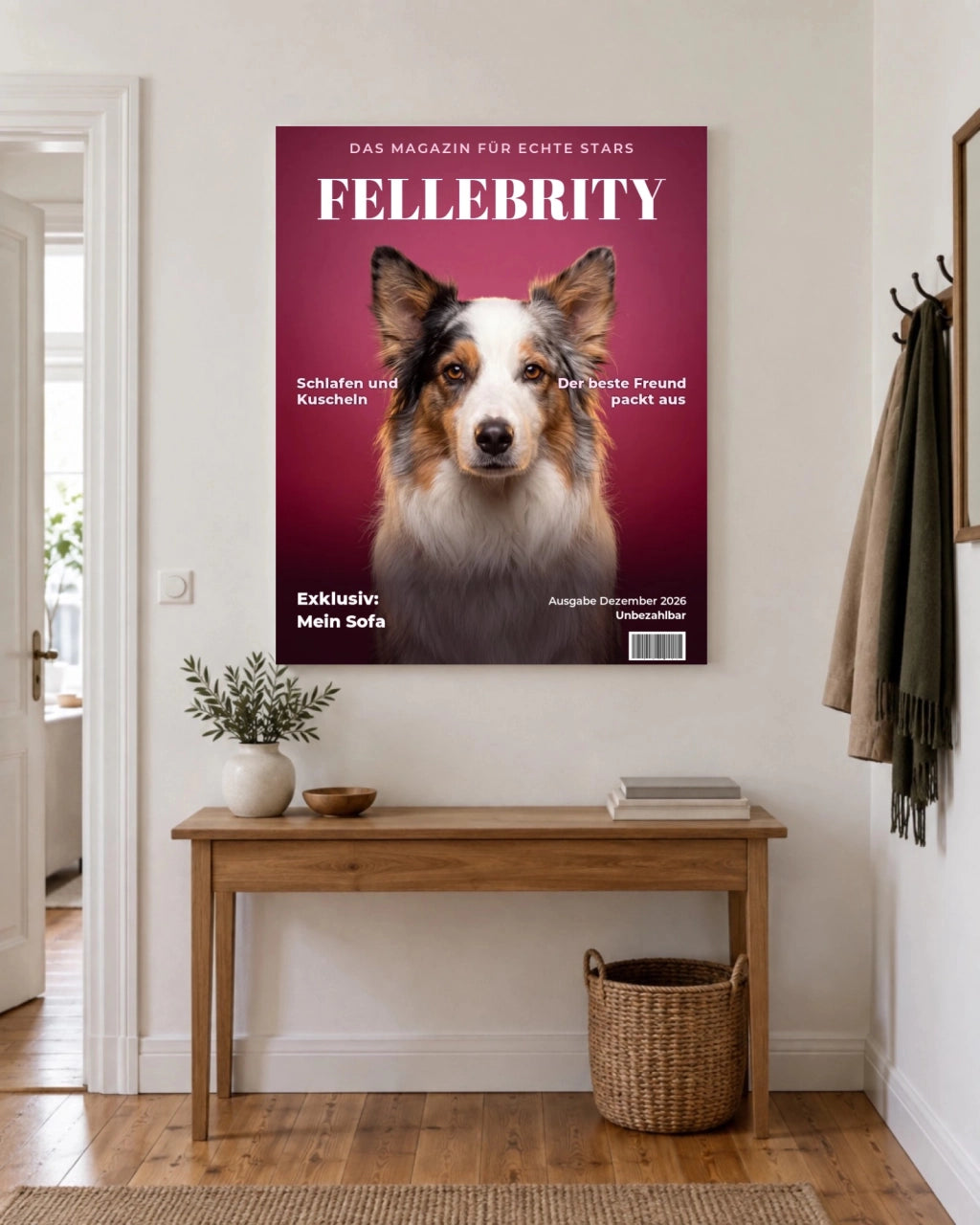 Magazine cover on canvas in a hallway
