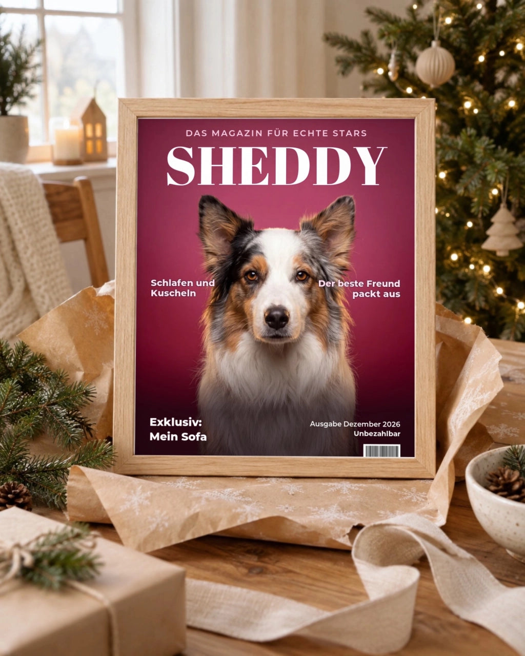 Magazine cover in a wooden frame in a Christmas living room