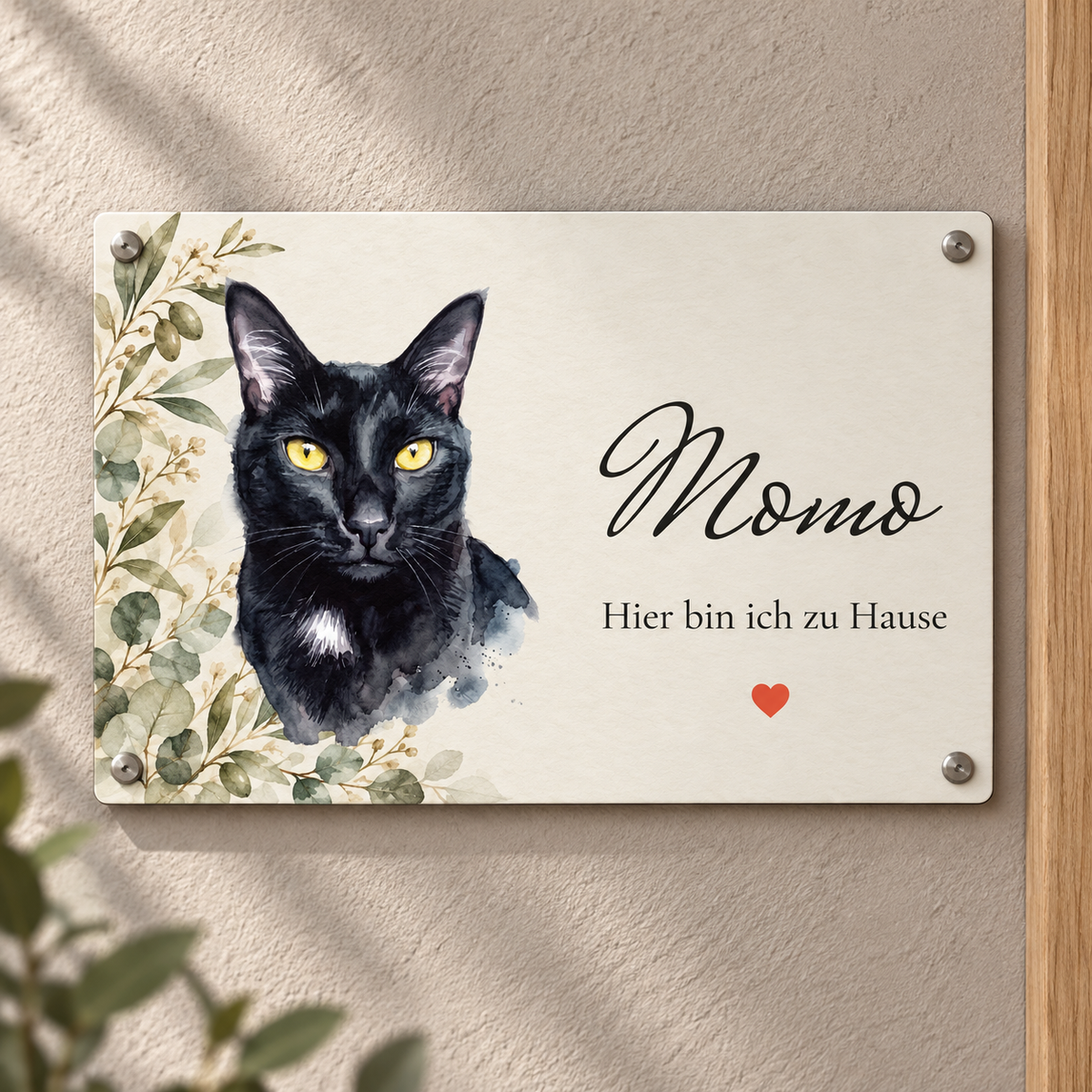 Katzen-Türschild mit Momo als Aquarell, großem Namen und Wunschtext