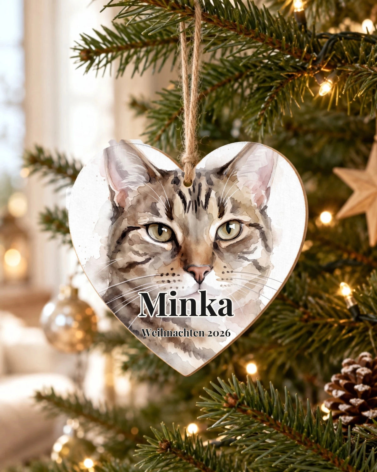 Herz-Baumschmuck mit Katzenportrait und Namen am Weihnachtsbaum