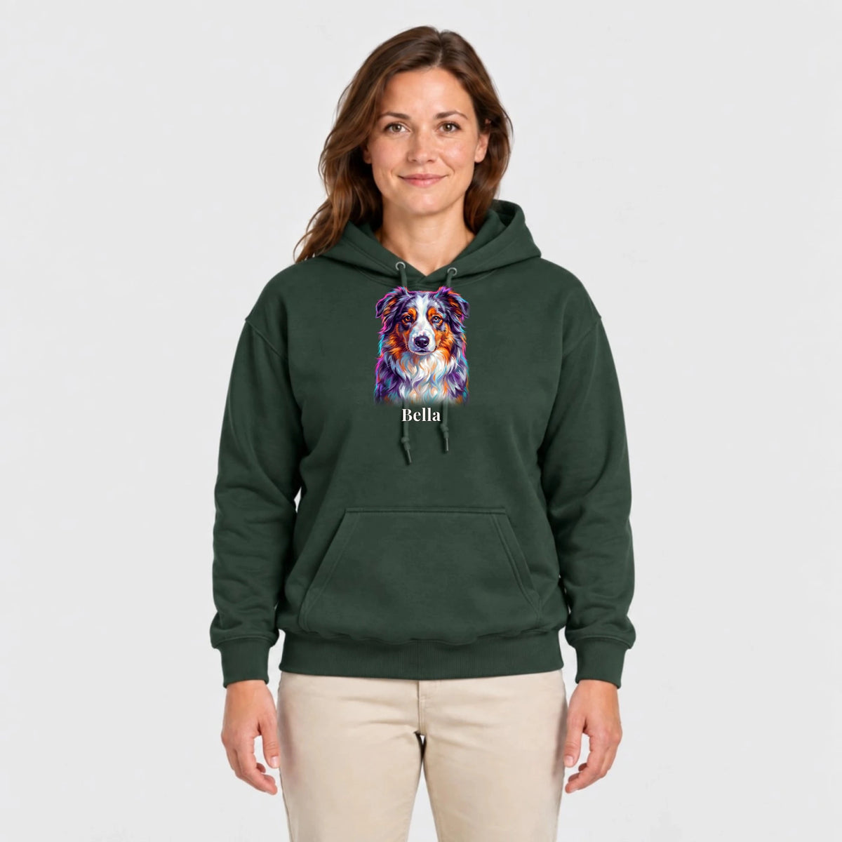 Hoodie in Grün mit Hundeportrait und Namen