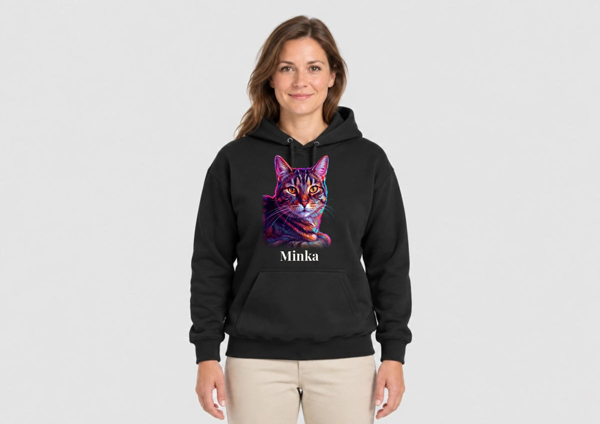 Hoodie in Schwarz mit Katzenportrait und Namen