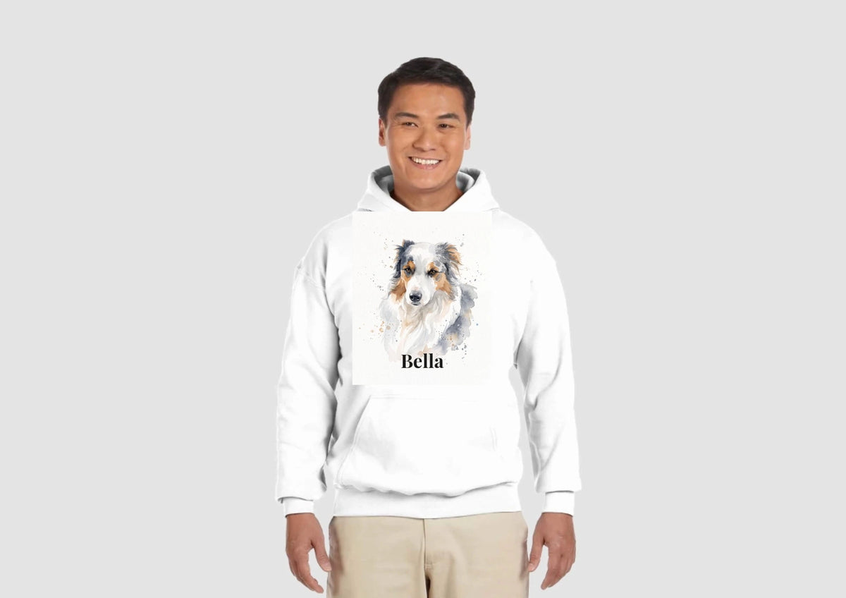 Hoodie in Weiß mit Hundeportrait und Namen