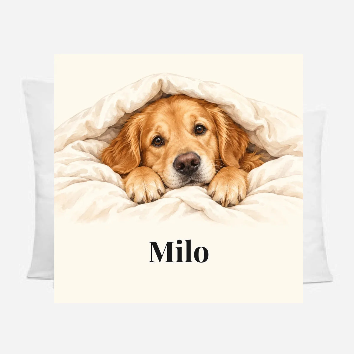 Kissen Unter der Decke mit Golden Retriever, Vorderseite mit Namen Milo