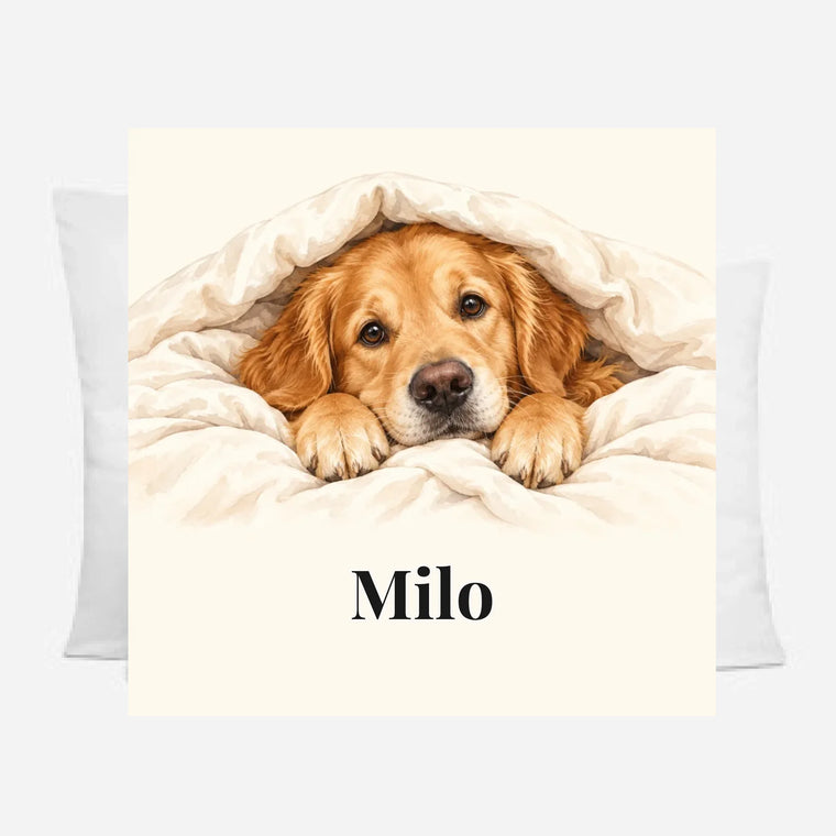 Kissen Unter der Decke mit Golden Retriever, Vorderseite mit Namen Milo